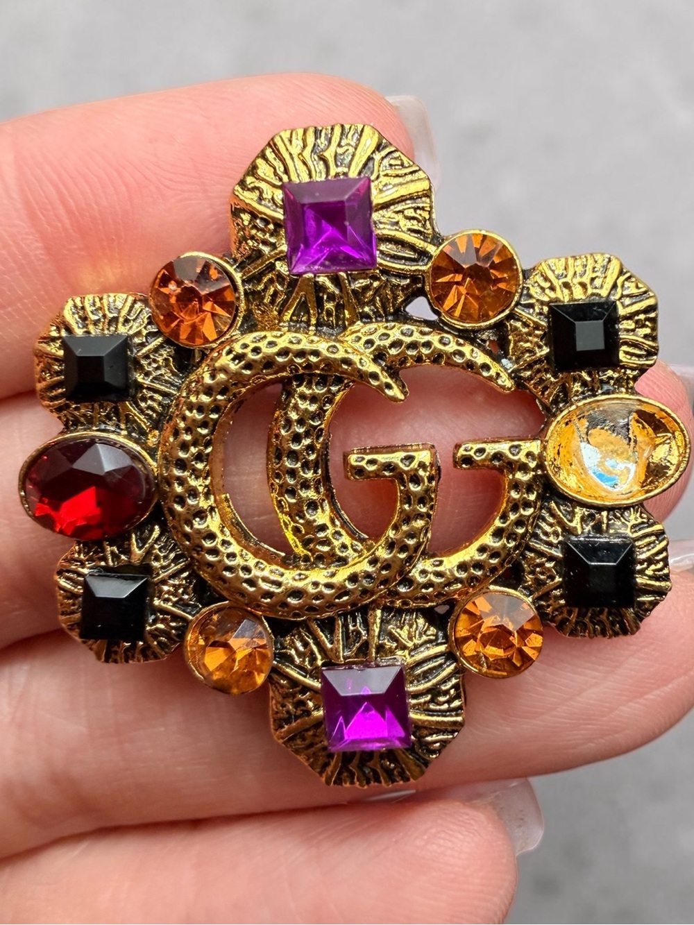 Gold-Tone Multicolor Crystal Double G Brooch - New